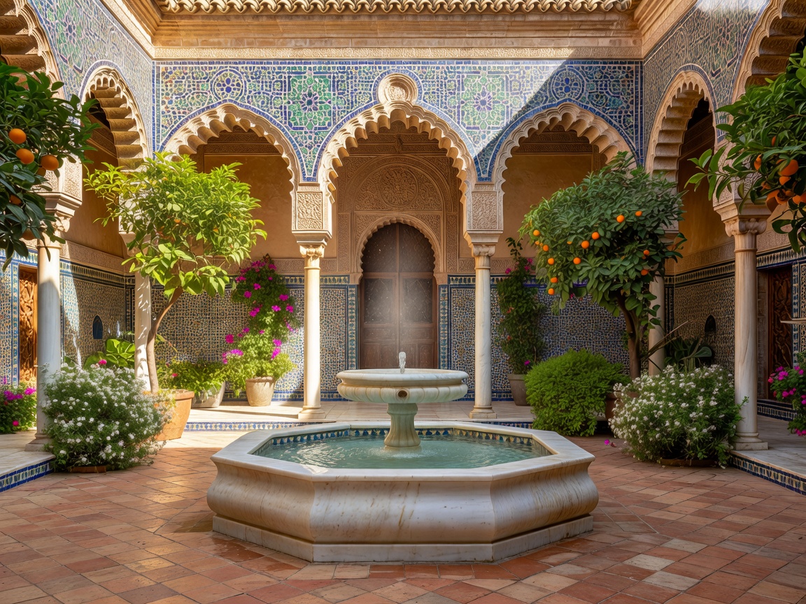 Andalusian courtyard with horseshoe arches, tiled walls and a central fountain