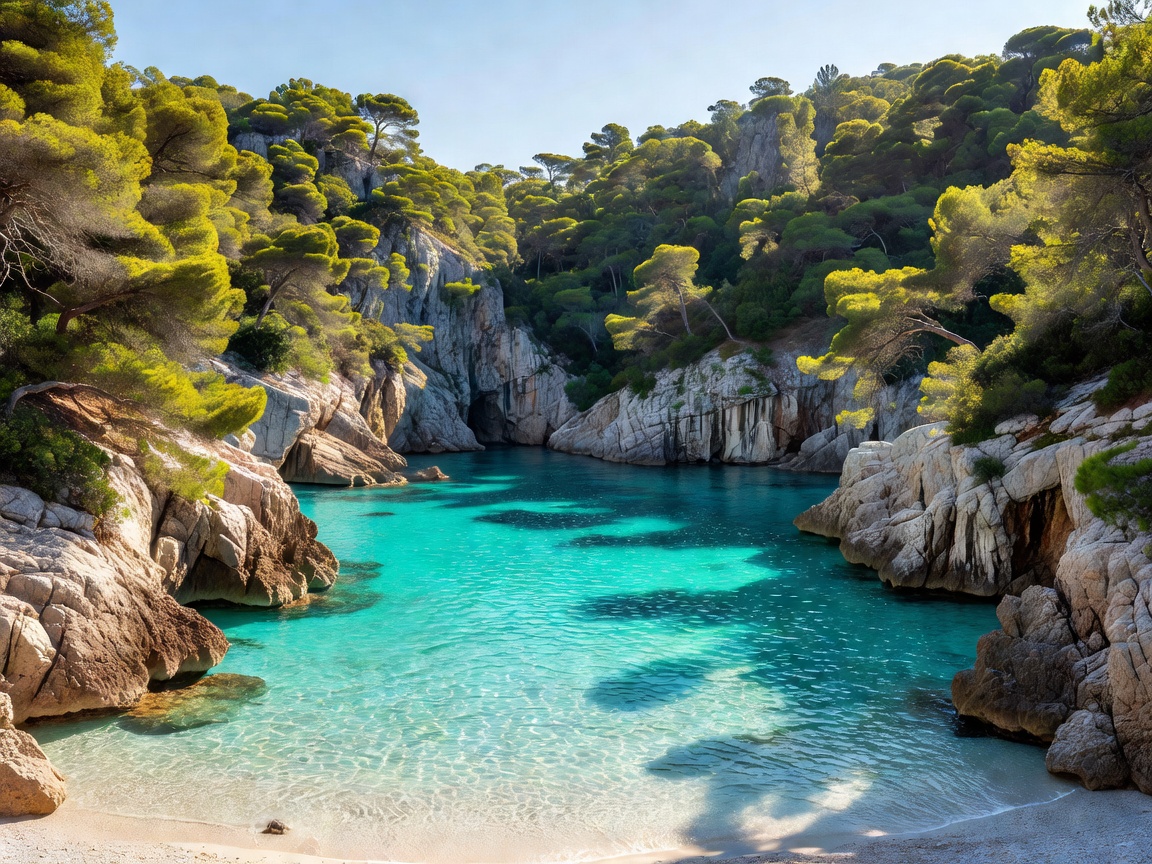 Balearic cove with turquoise water framed by pine covered limestone cliffs