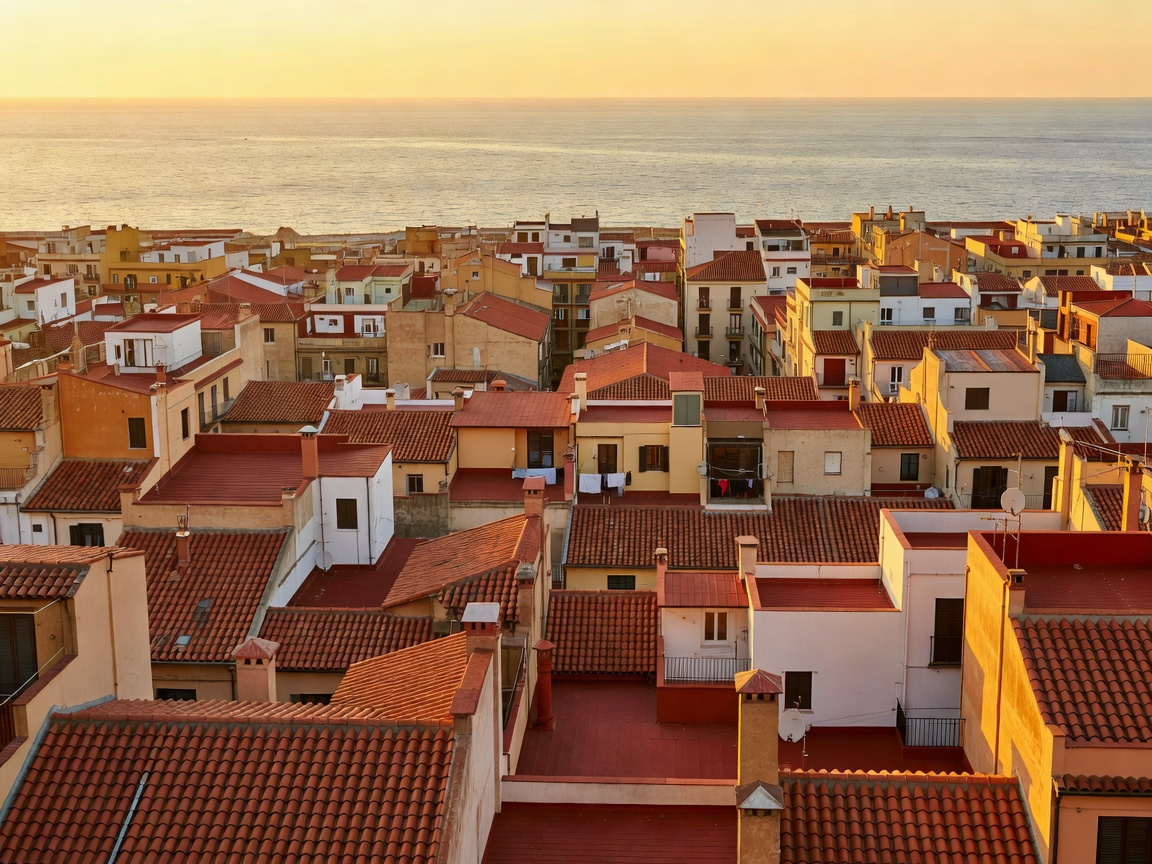 Dense Barcelona rooftops leading towards the Mediterranean shoreline at golden hour