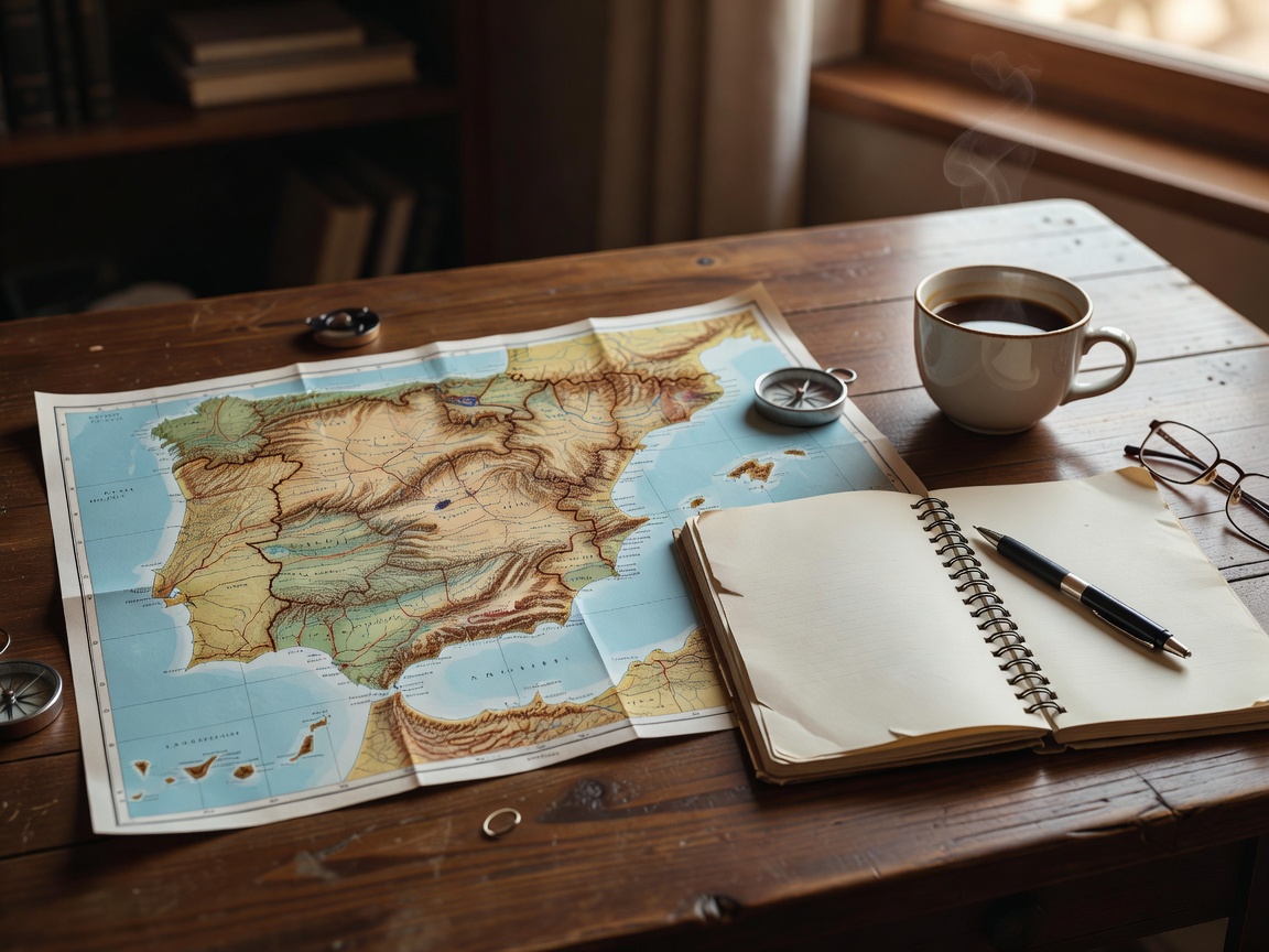 Travel planning desk with a paper map of Spain, notebook and coffee cup