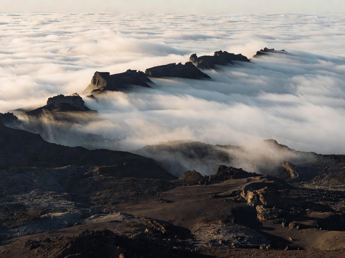Volcanic ridge line above a sea of clouds with dark lava fields in the foreground