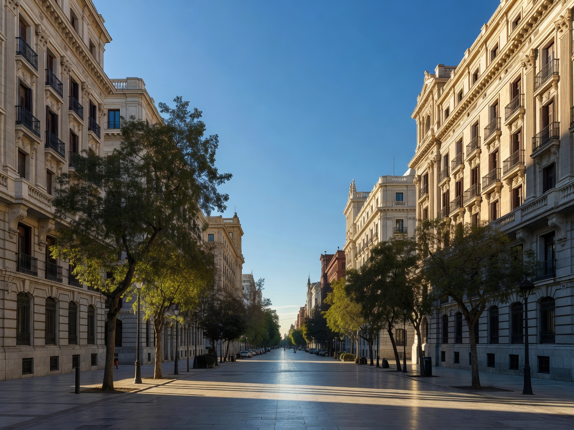 Wide Madrid boulevard with stone facades and street trees under a clear sky